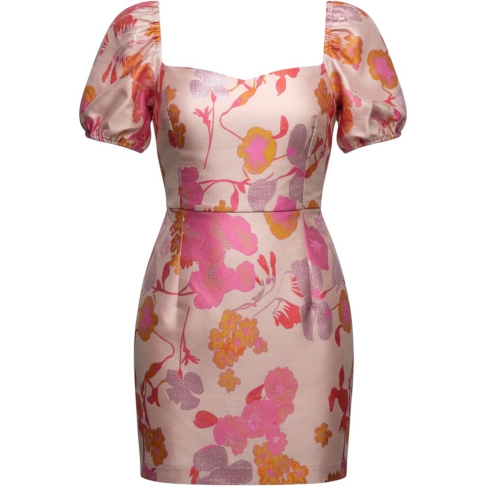 Lulus Pink Floral Jacquard Puff Sleeve Mini Dress NWT XL Sweetheart Neckline